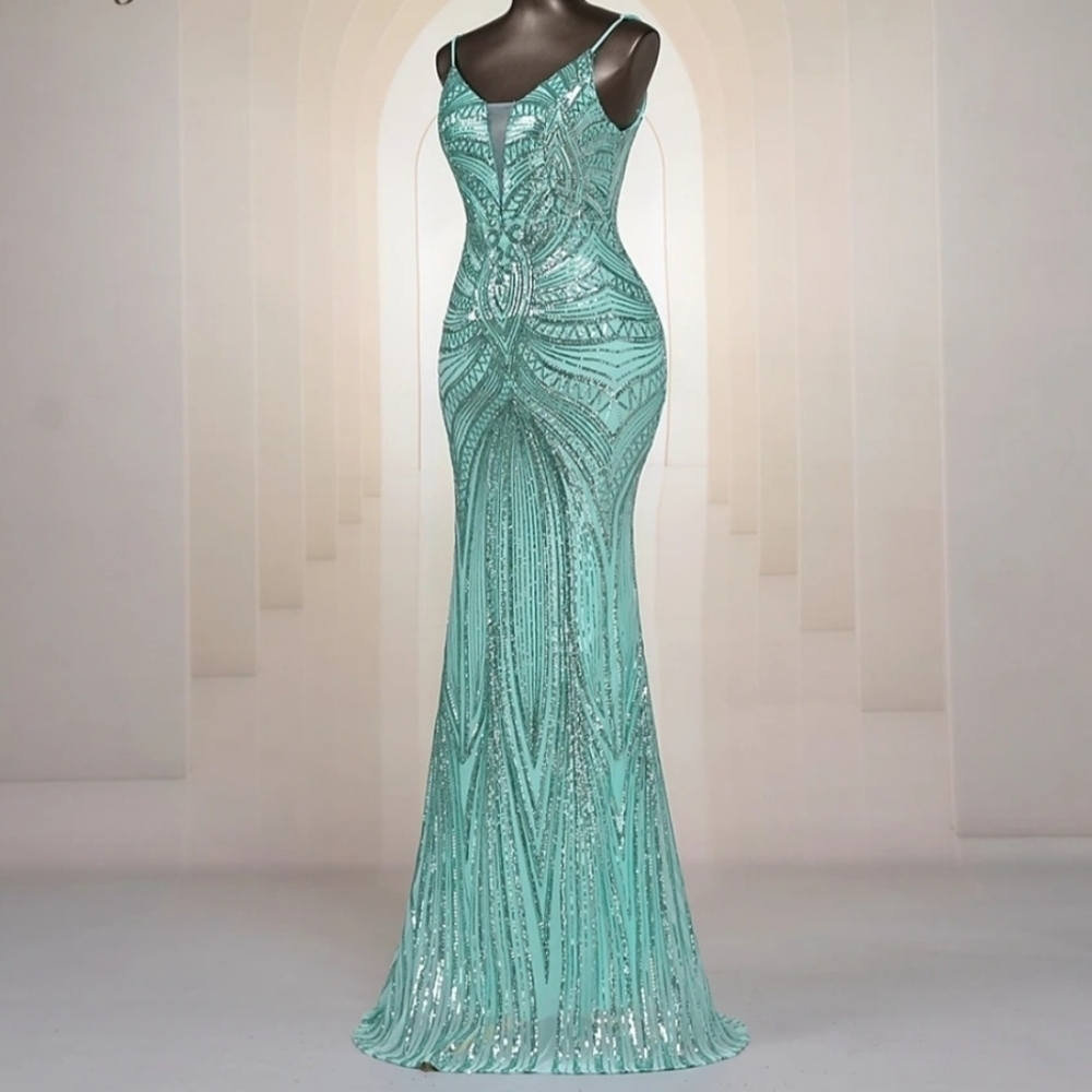 Mint Green, Geo Print, Sleeveless, Beaded Draped Back, Sequined Mermai…CUSTOM - Picture 9 of 16